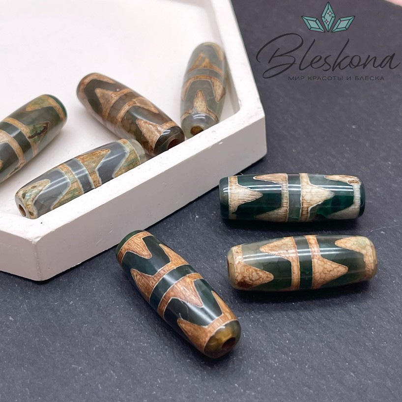 Бусина Дзи 2-й тигриный клык зелено-коричневый бочонок 30*11 мм