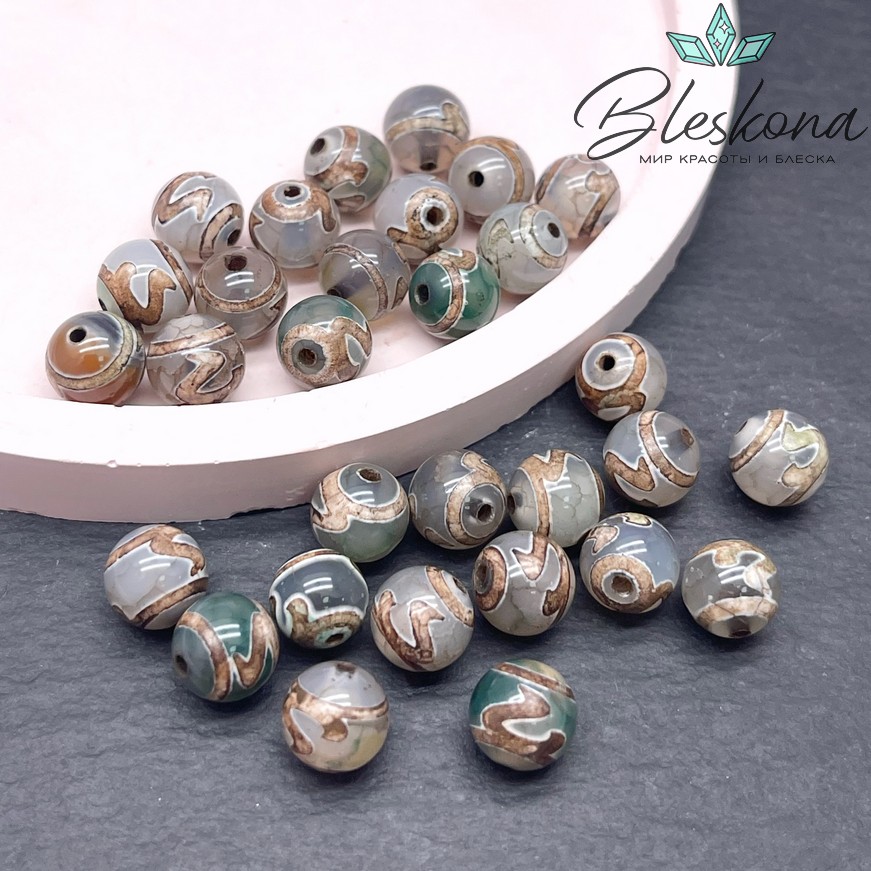 Бусина Дзи Золотой ключ зелено-коричневый шар 8 мм уп.15 шт.