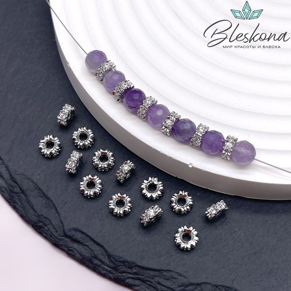 6*2,7 мм Цвет серебро, Бусина-разделитель с цирконами 