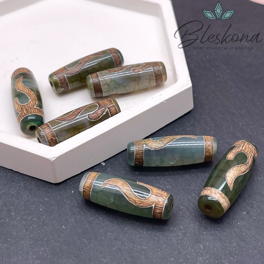 Бусина Дзи Золотой Ключ зелено-коричневый бочонок 30*11 мм