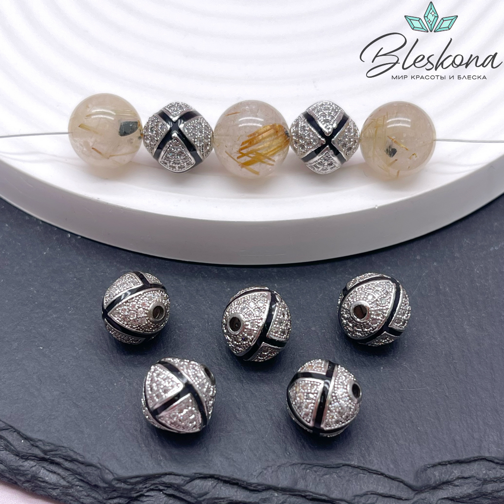 11 мм Цвет серебро, Бусина цирконы черная эмаль