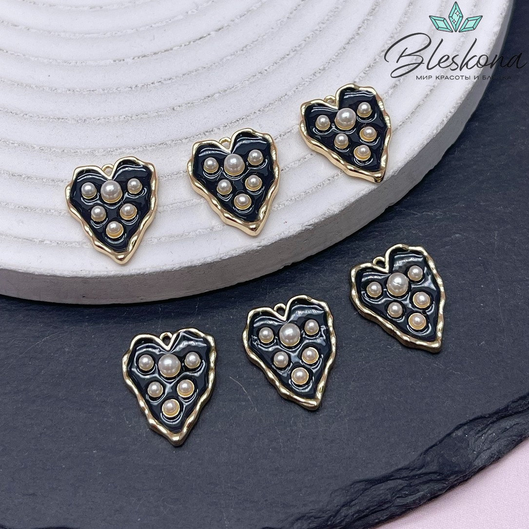 16,8*13,6 мм Цвет золото, Подвеска Сердце черное с имитацией жемчуга