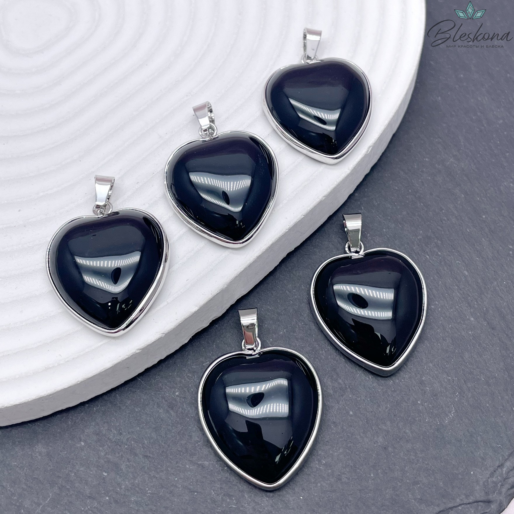 25*24 мм Цвет серебро, Подвеска Сердце Черный Агат