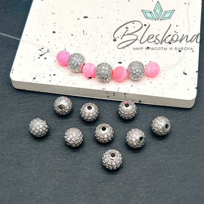 10 мм цвет серебро, Бусина с белыми цирконами 