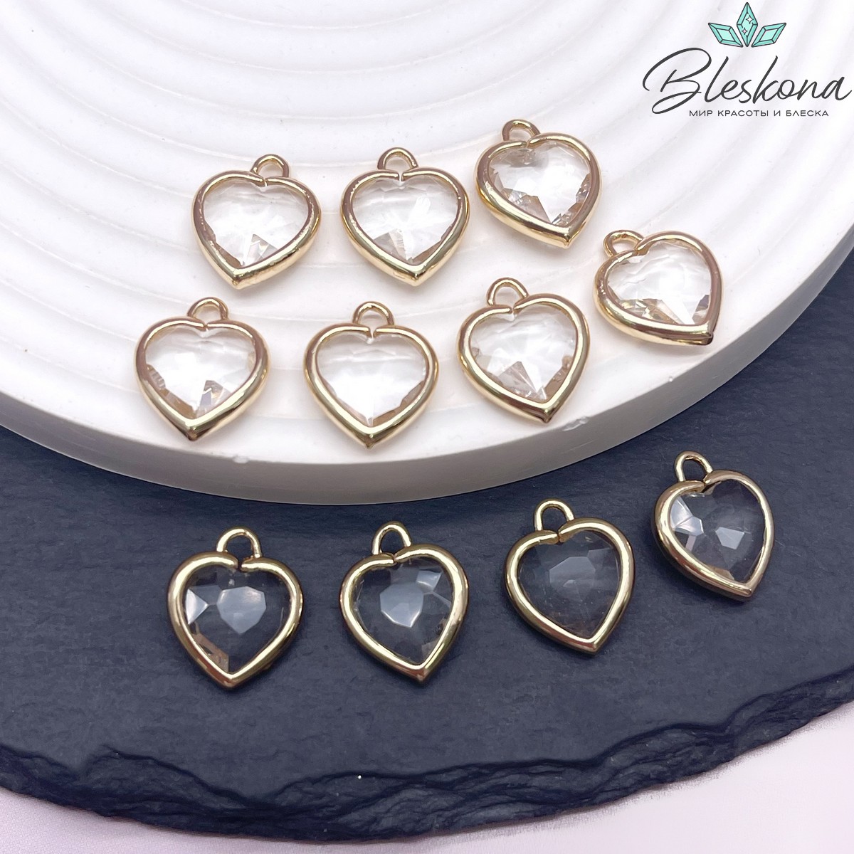 12 мм, Цвет золото, Подвеска сердце стекло прозрачное