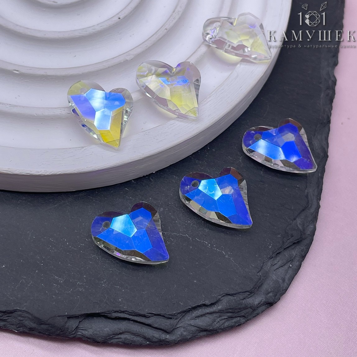 16,5*14 мм, Подвеска сердце стекло белое с переливом (ABB) уп. 2 шт