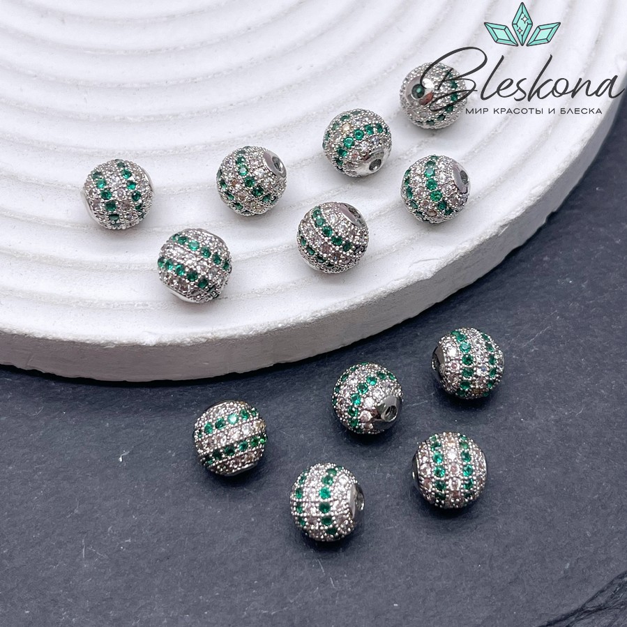 Ø8 мм Бусина с цирконами, цвет серебро 