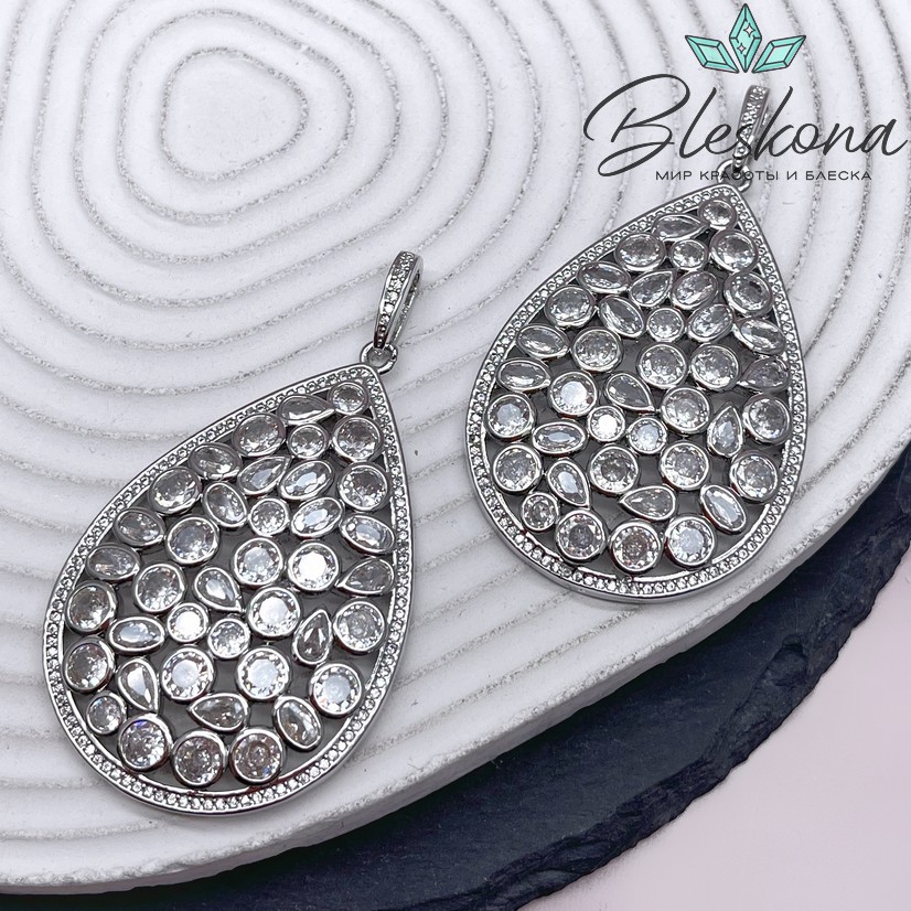 55*37 мм Цвет серебро, Подвеска капля с цирконами 
