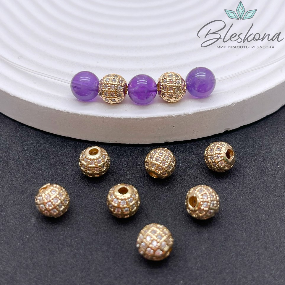 8 мм Цвет золото, Бусина с белыми цирконами 