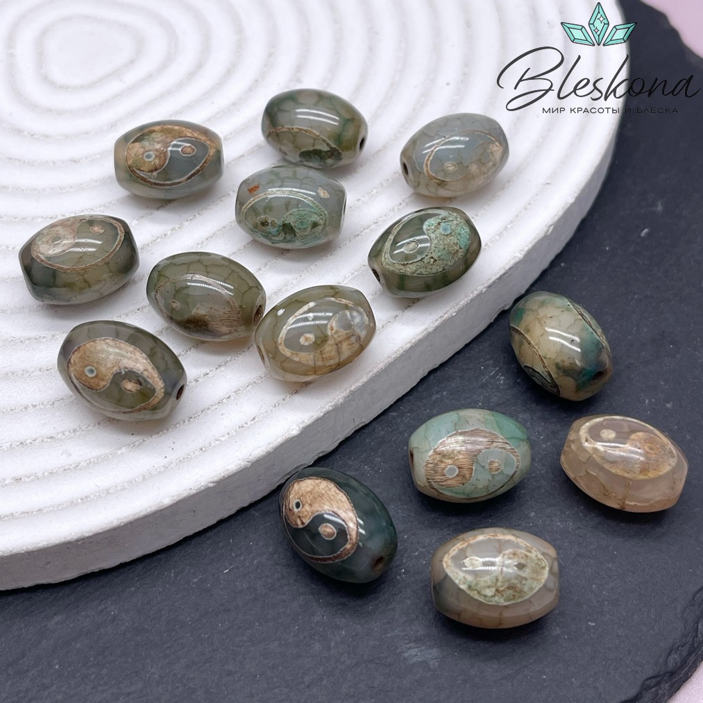 Бусина Дзи Инь-Янь зелено-коричневый бочонок 16*12 мм