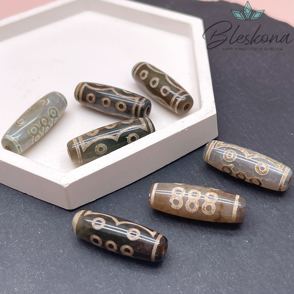 Бусина Дзи 7 глаз и 3 бесконечности зелено-коричневый бочонок 30*11 мм