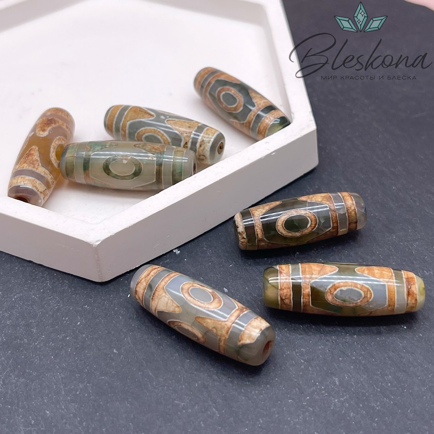 Бусина Дзи 3 глаза зелено-коричневый бочонок  30*11 мм