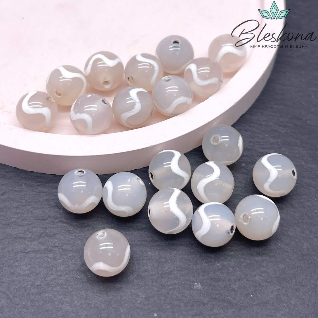 Бусина Дзи Волна серо-белый шар 10 мм уп.10 шт.