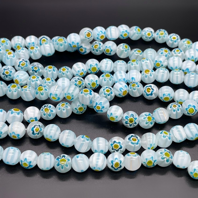 Муранское стекло голубое цветы  8мм