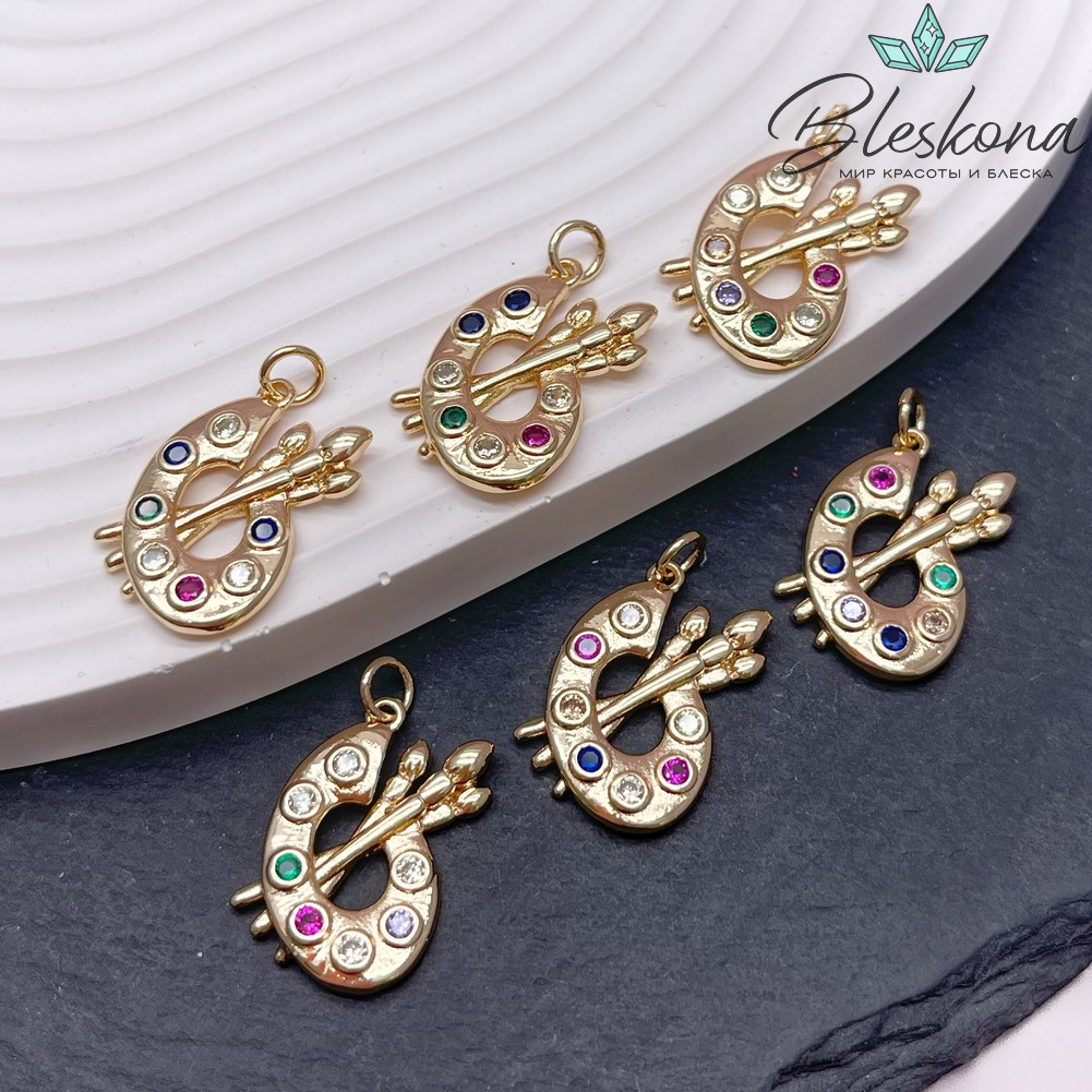 22*18,5 мм Цвет золото, Подвеска кисточки с красками цирконы микс