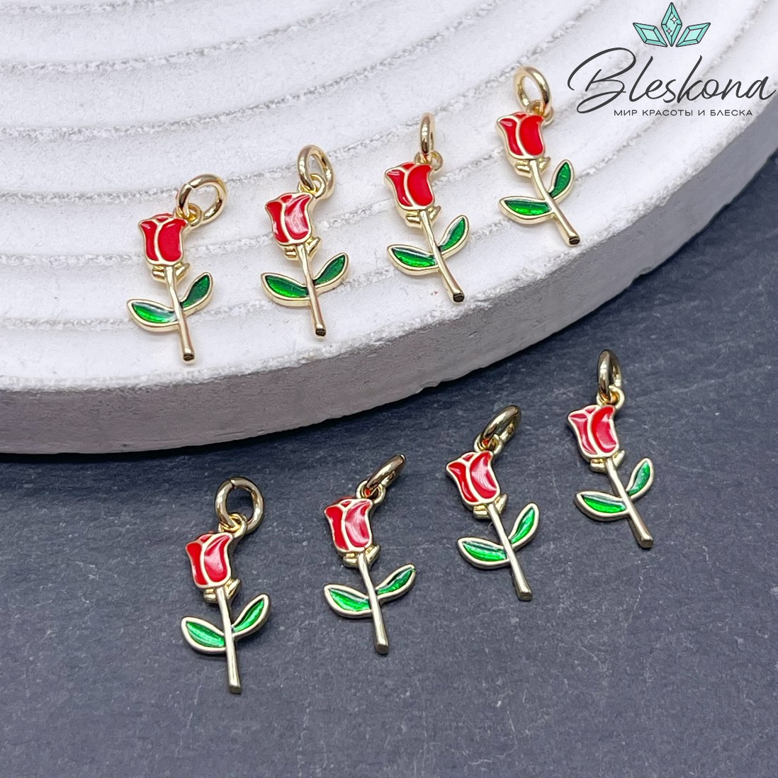 12,5*6 мм Цвет золото, Подвеска роза красная эмаль