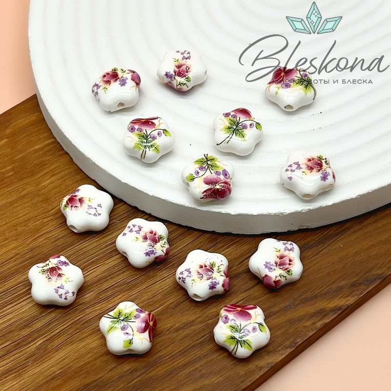 14,5*14 мм Керамика Бусина цветок роспись гжель №18