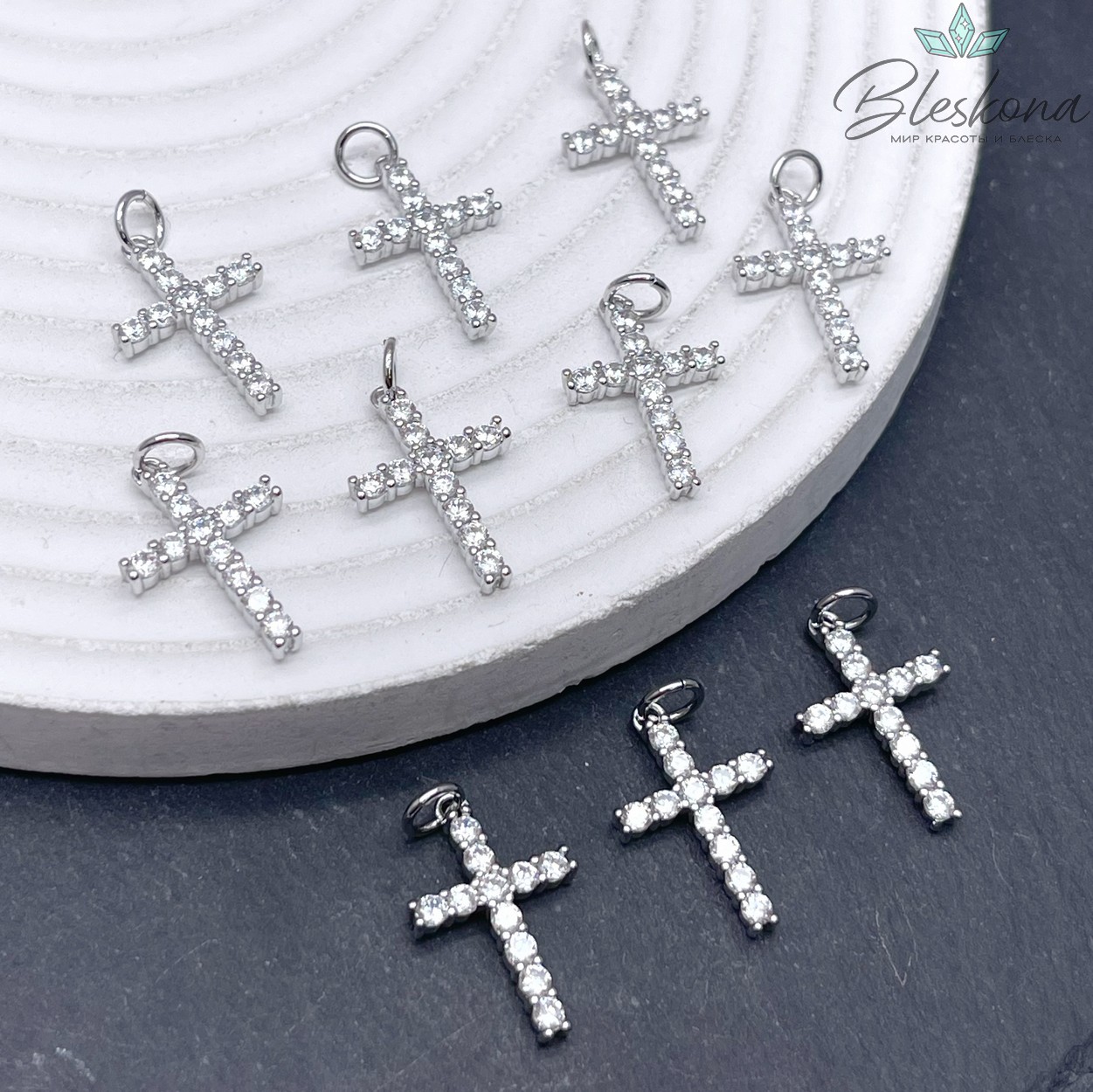 18,5*12,5 мм Цвет серебро, Подвеска Крест белые цирконы 