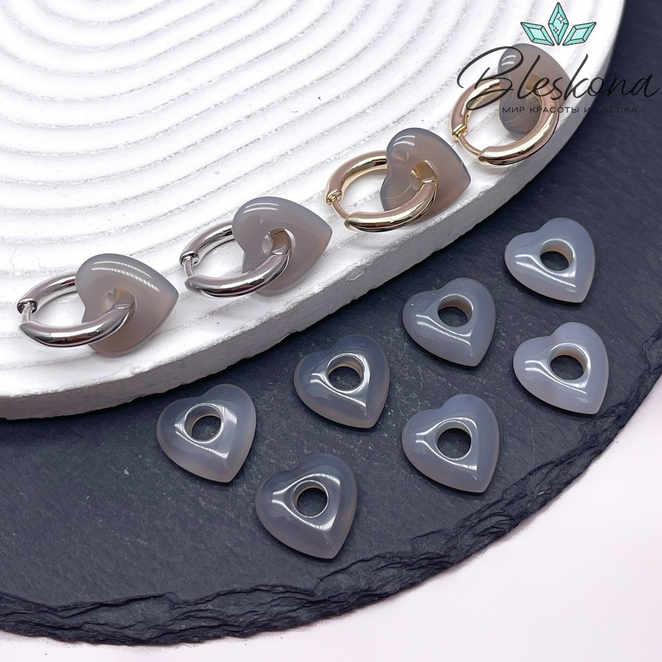 15 мм Цвет серебро, Подвеска Сердце Агат серый