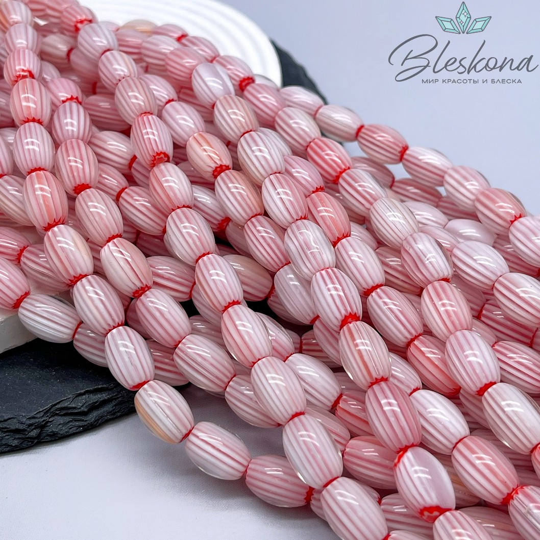 Муранское стекло бочата красно- белые, полосы 13,5*9 мм