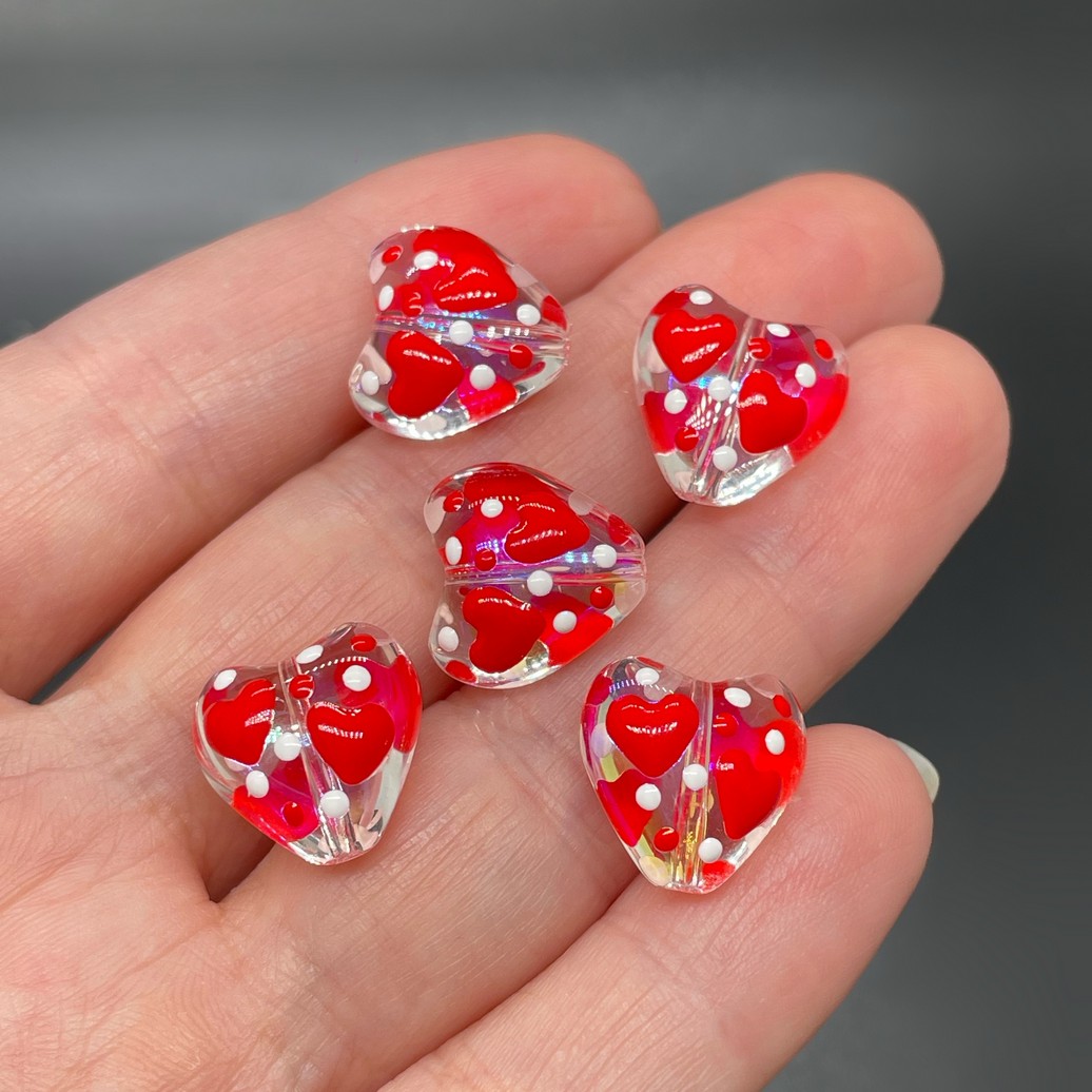 13,5 мм, Стекло бусина сердце с красными сердечками  уп.5 шт
