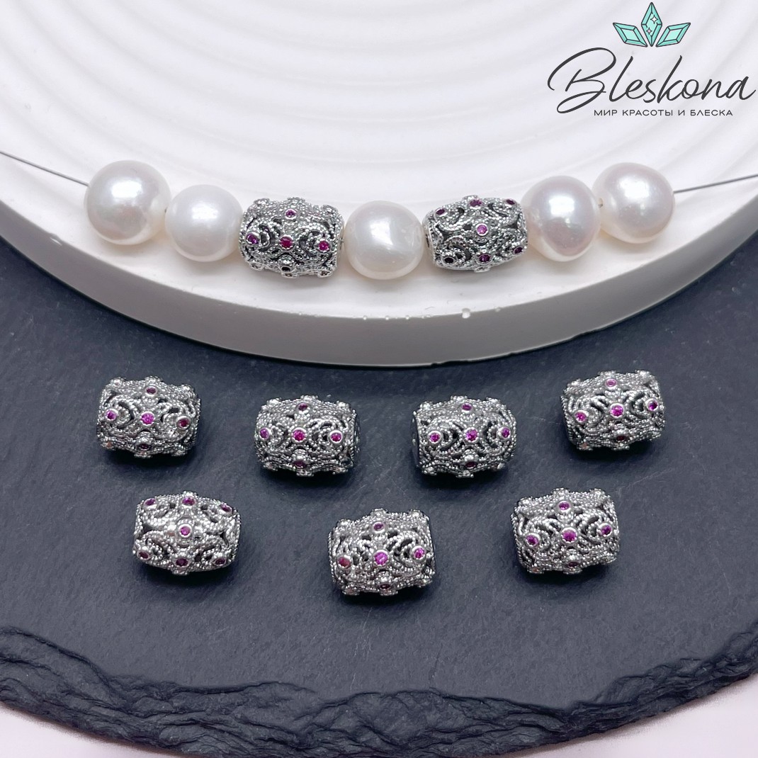 10,6*8,3 мм Цвет серебро, Бусина цилиндр розовые цирконы 