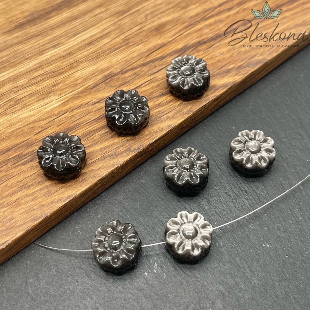 Резная бусина Цветок Обсидиан серебристый 14 мм