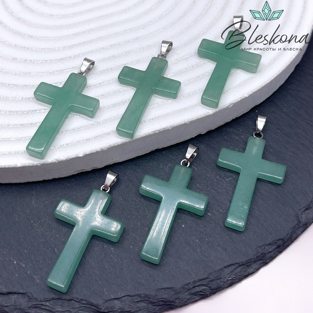 Подвеска крест Авантюрин зеленый, цвет серебро 33*21 мм
