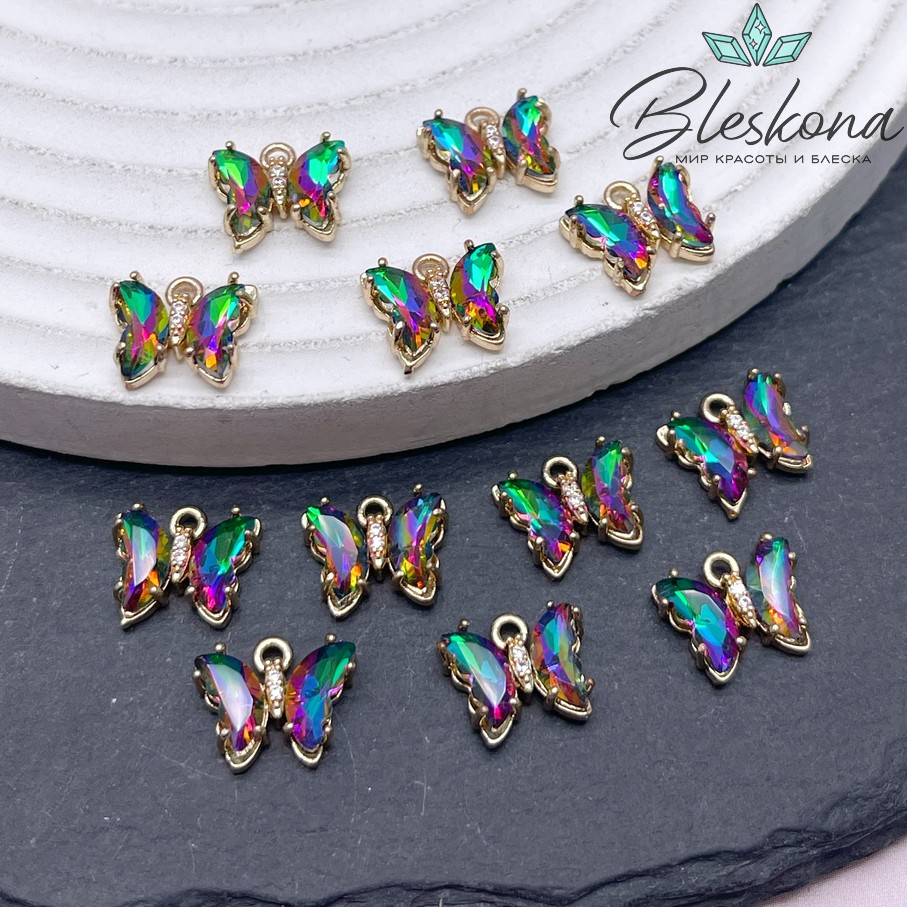 9,5*11 мм, Цвет золото, Подвеска бабочка стекло хамелеон