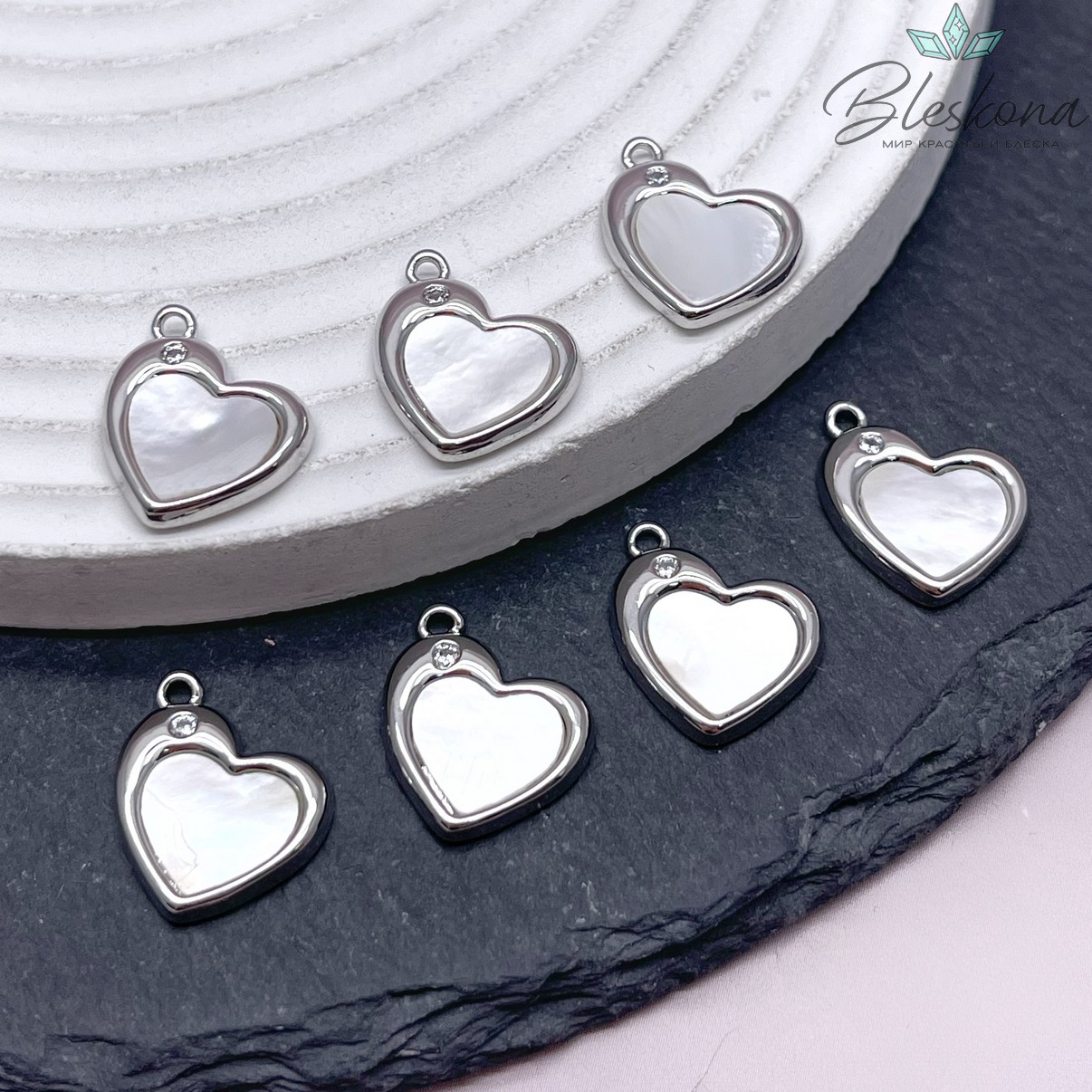 16*14,5мм, Цвет серебро, Подвеска Сердце белый перламутр с цирконом