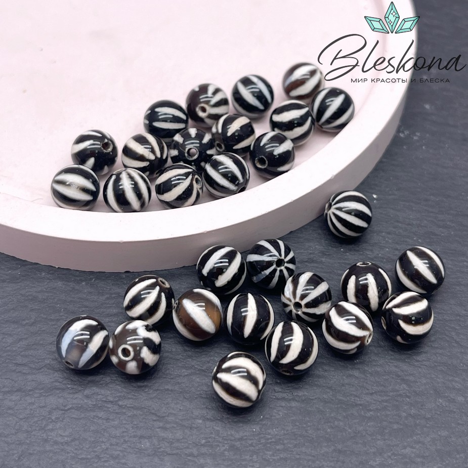 Бусина Дзи полосы черно-белый шар 8 мм уп.15 шт.