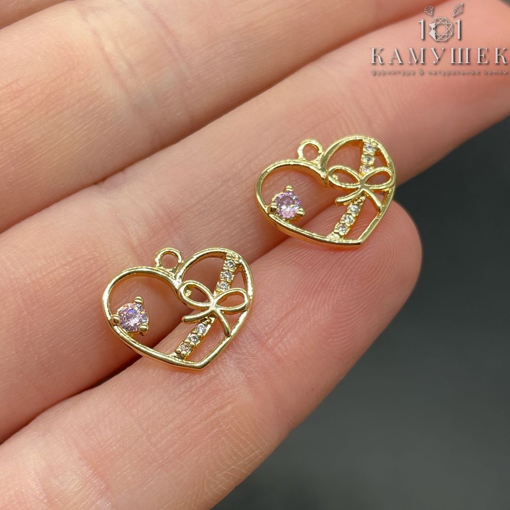 12*13,5мм Цвет золото, Подвеска сердце бантик цирконы 
