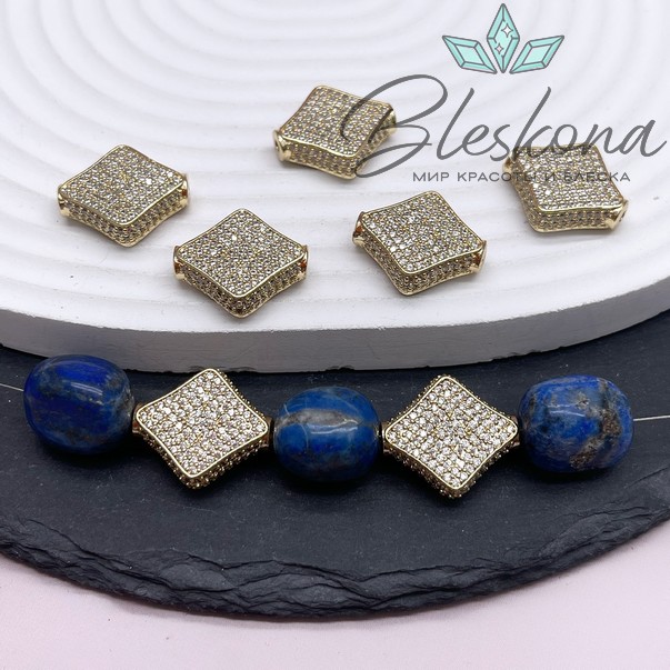 19*17 мм Цвет золото, Бусина ромб плоский цирконы