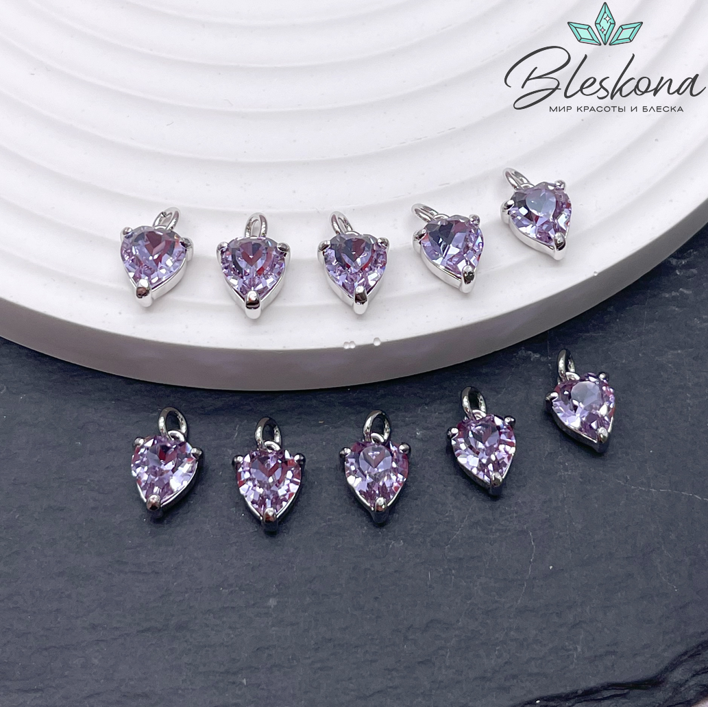 8,8*6,7 мм Цвет серебро, Подвеска сердце фиолетовый циркон 