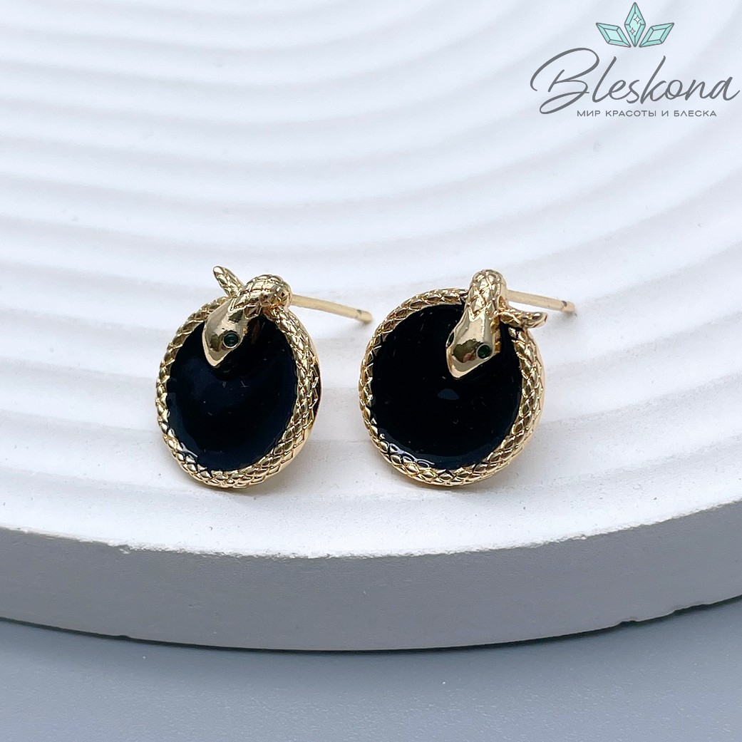 14,5*13 мм Цвет золото, Пусеты змея черная эмаль, зеленые цирконы 