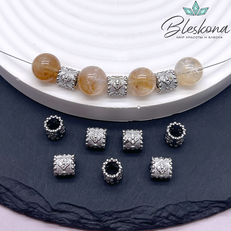 7*7,2 мм Цвет серебро, Бусина цилиндр цветок цирконы