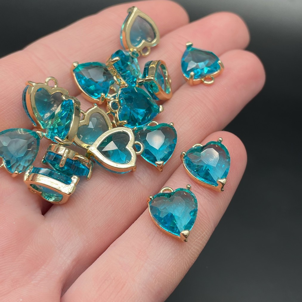 10 мм, Цвет золото, Подвеска сердце стекло бирюзовое цапы