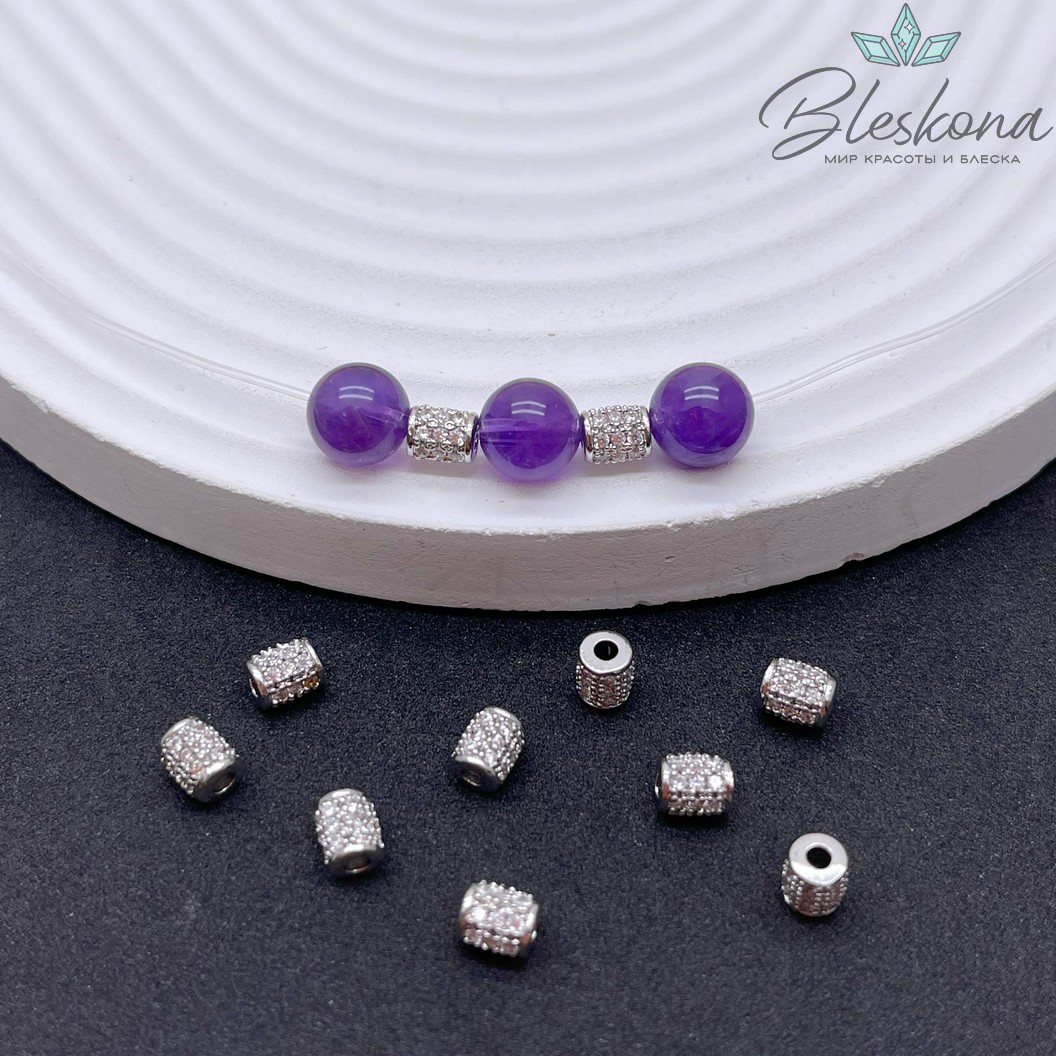 4,5 мм Цвет серебро, Бусина цилиндр стразы 3 ряда