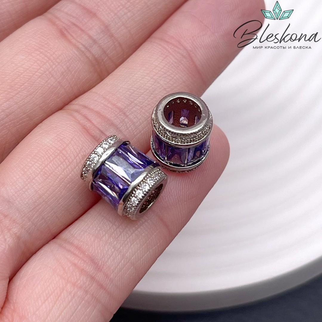 11*9,5 мм,цвет серебро,Бусина цилиндр фиолетовые цирконы