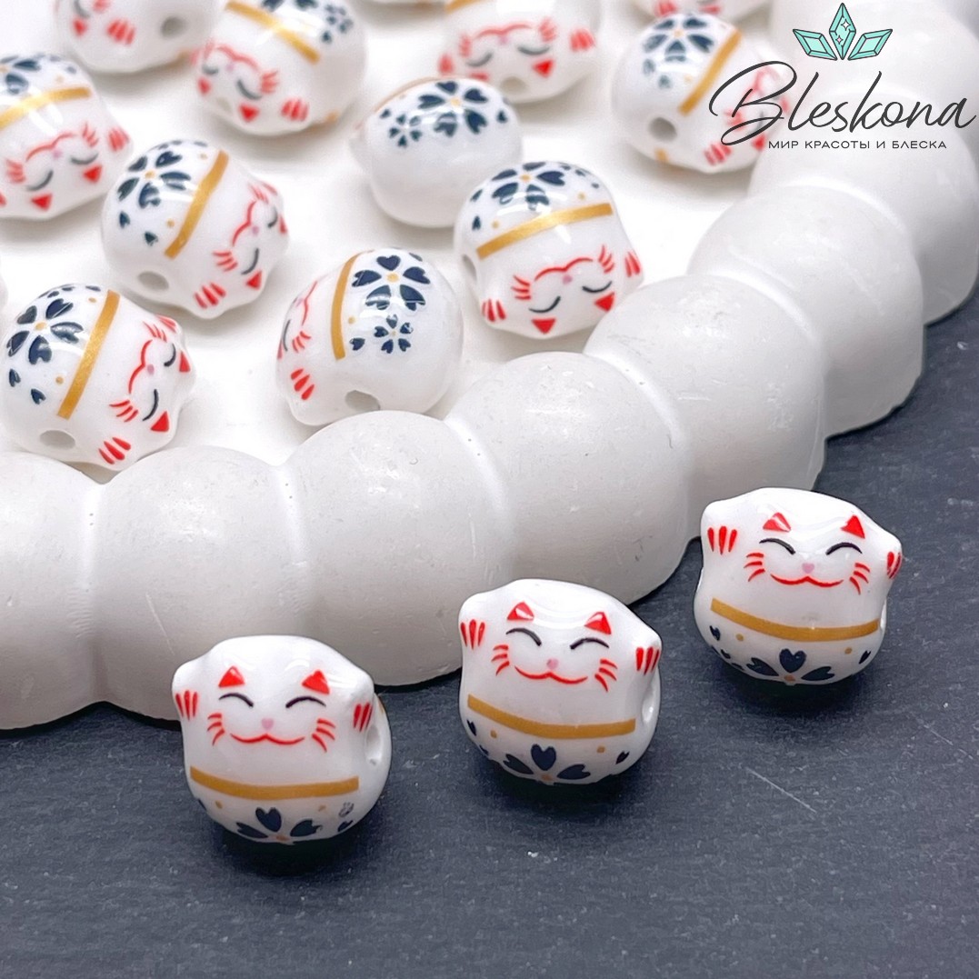 13,5*13 мм Керамика бусина Котик белый, отверстие поперек