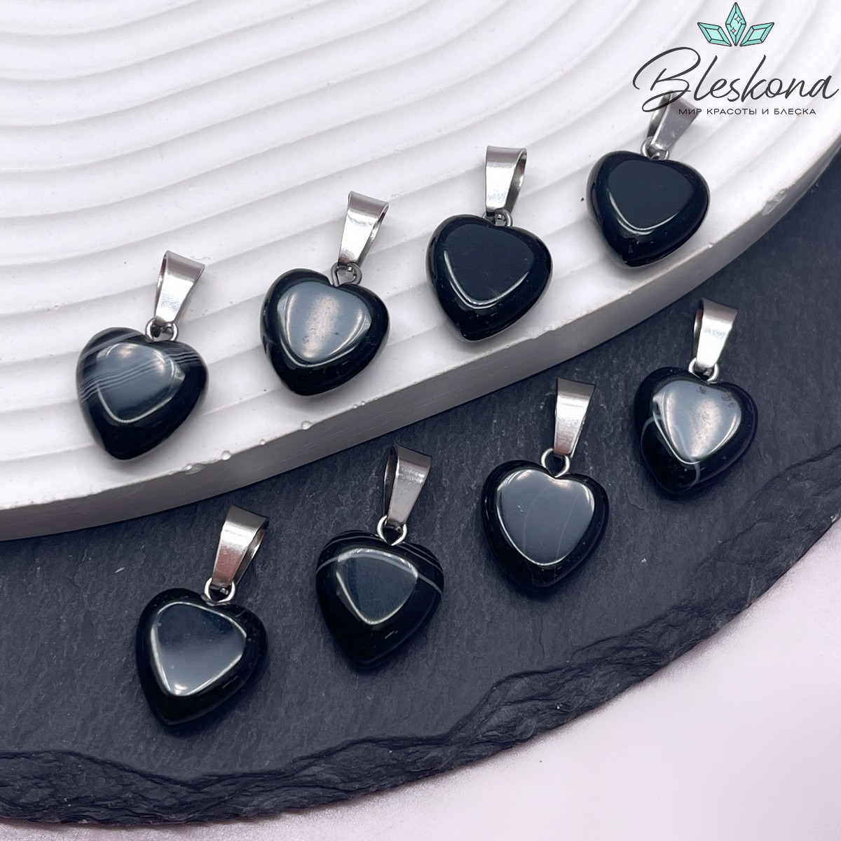 12 мм Цвет серебро, Подвеска Сердце Черный Агат с прожилками 