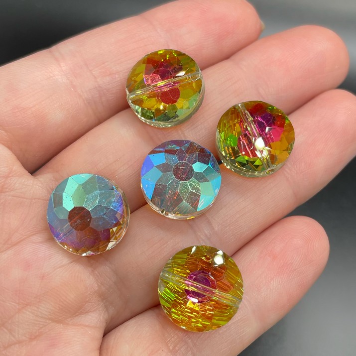 14 мм, Стекло Lux бусина таблетка розово-зеленая уп.5 шт