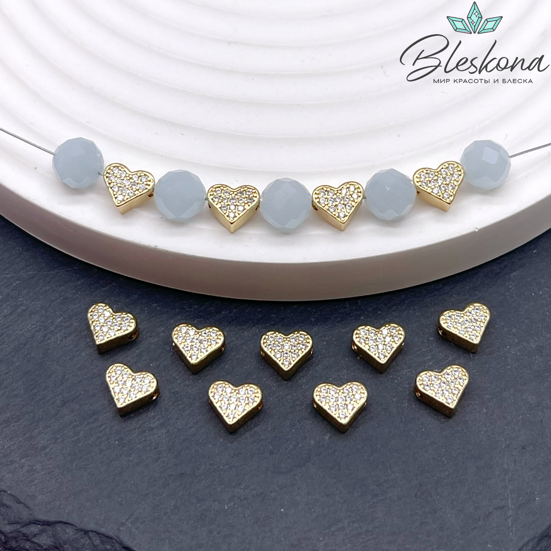 6*7 мм Цвет золото, Бусина Сердце цирконы 