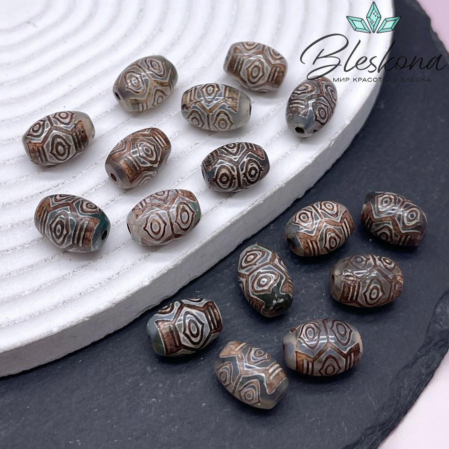 Бусина Дзи 6 глаз Феникса зелено-коричневый бочонок 10*14 мм