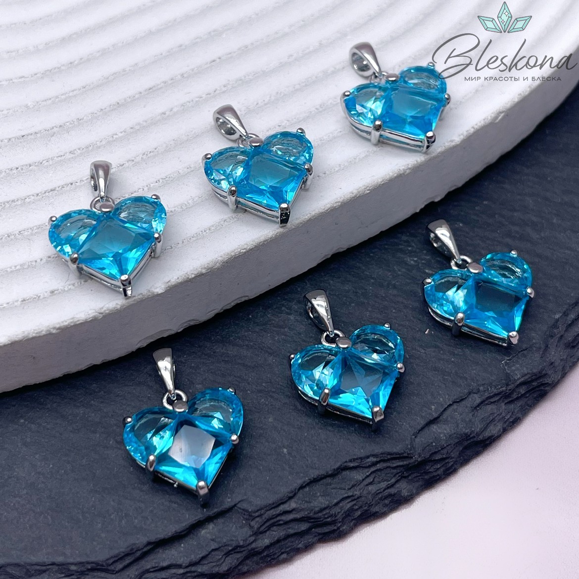 14,5*14 мм Цвет серебро, Подвеска Сердце темно-голубые цирконы