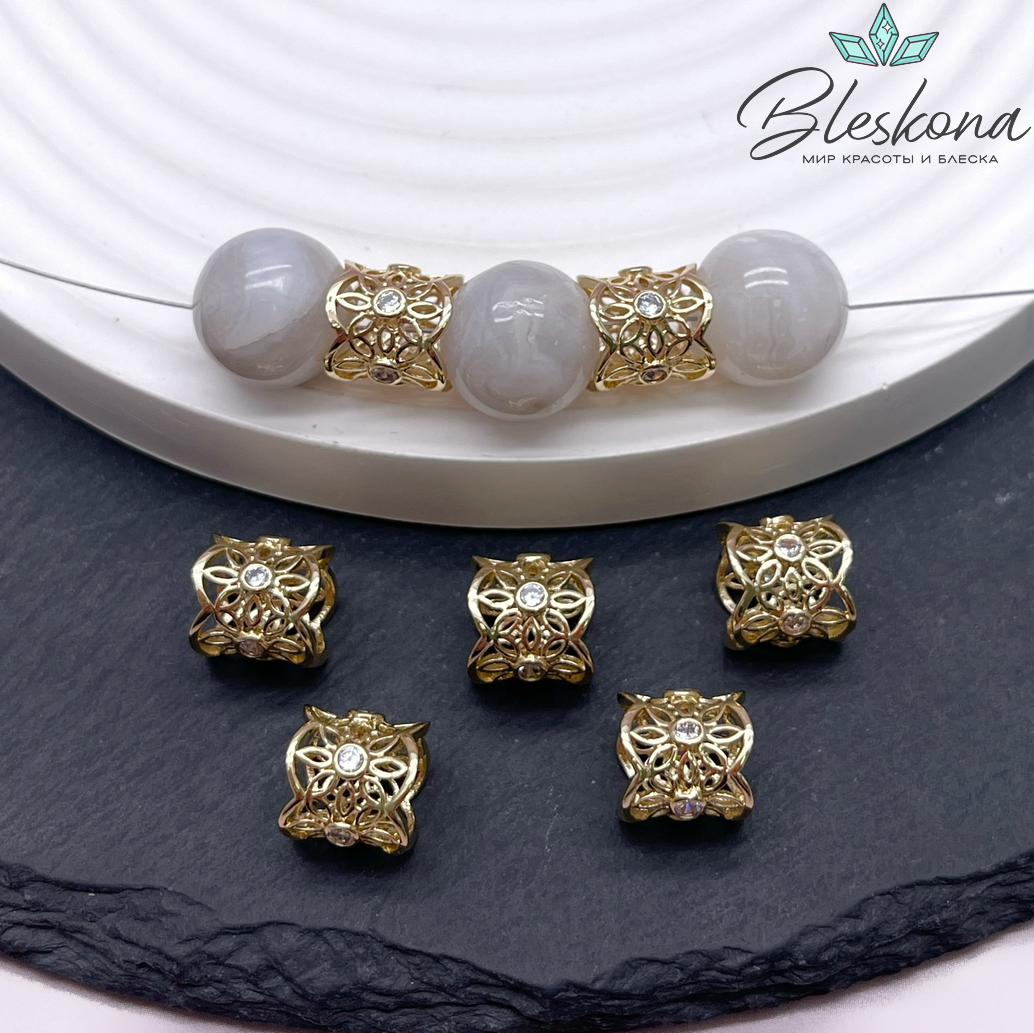 14,5*14,3 мм Цвет золото, Бусина цилиндр цветы цирконы