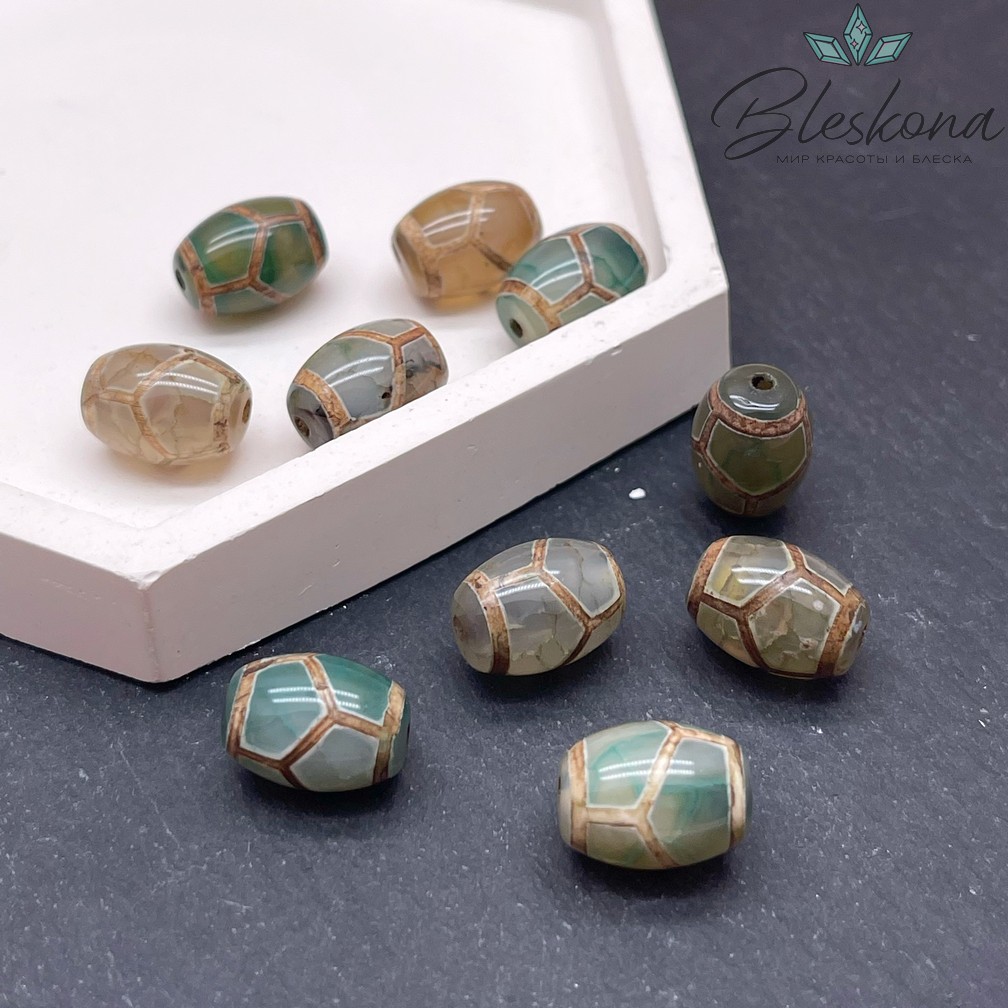 Бусина Дзи Черепаха зелено-коричневый бочонок 10*14 мм