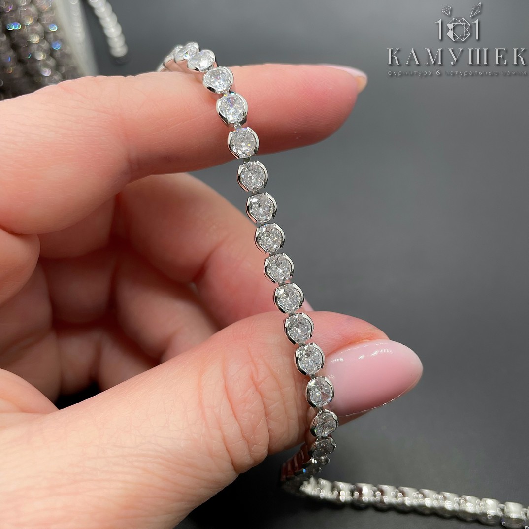 Цепь №217 цвет серебро, стразовая лента 4 мм