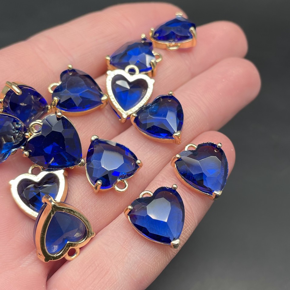 12 мм, Цвет золото, Подвеска сердце стекло синее цапы