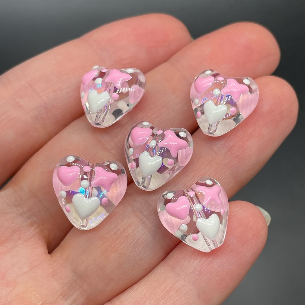 13,5 мм, Стекло бусина сердце с бело-розовыми сердечками  уп.5 шт 